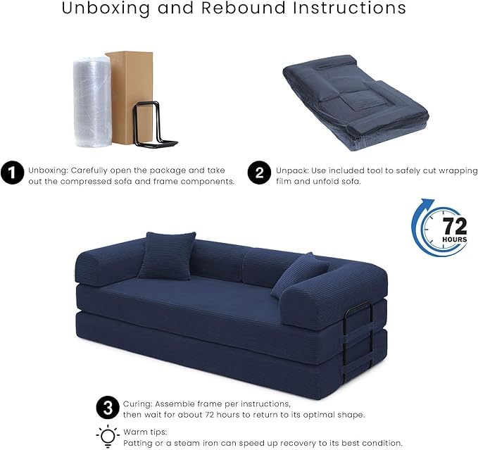 Compression Sofa - 79'' Convertible Sofa Bed, Boneless Couch in a Box, Modular Corduroy Foldable Sleeper Sofa with 2 Pillows, Loveseat Couches for Living Room (Corduroy Fabric, Blue)