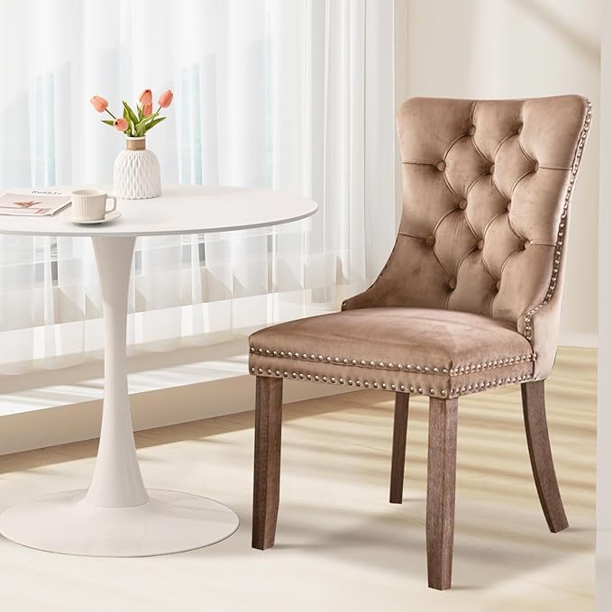 SoarFlash Kitchen Table and Chairs for 2, 31.5" Dining Table Set for 2 with Velvet Upholstered Chairs, 3 Piece Round Kitchen Table Set, Dining Room Table Set for Small Space, Apartment, Khaki/White