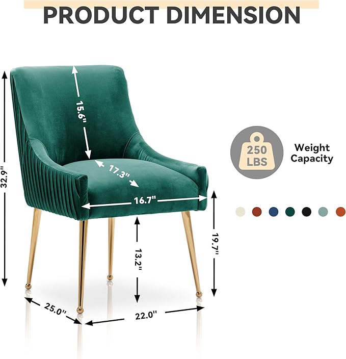 Dining Chairs, Accent Chairs Set of 2, Modern Upholstered Kitchen Dining Room Chairs with Gold Legs, Fabric Tufted Velvet Living Room Chairs for Reception Room Bedroom Guest Room (Deep Green)