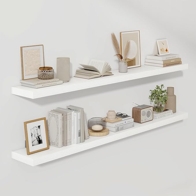 Fun Memories 66 Inch Fireplace Mantel Shelf with Invisible Bracket, 8 Inch Deep Floating Shelf for Living Room, Kitchen, Farmhouse, White (2-Pack)