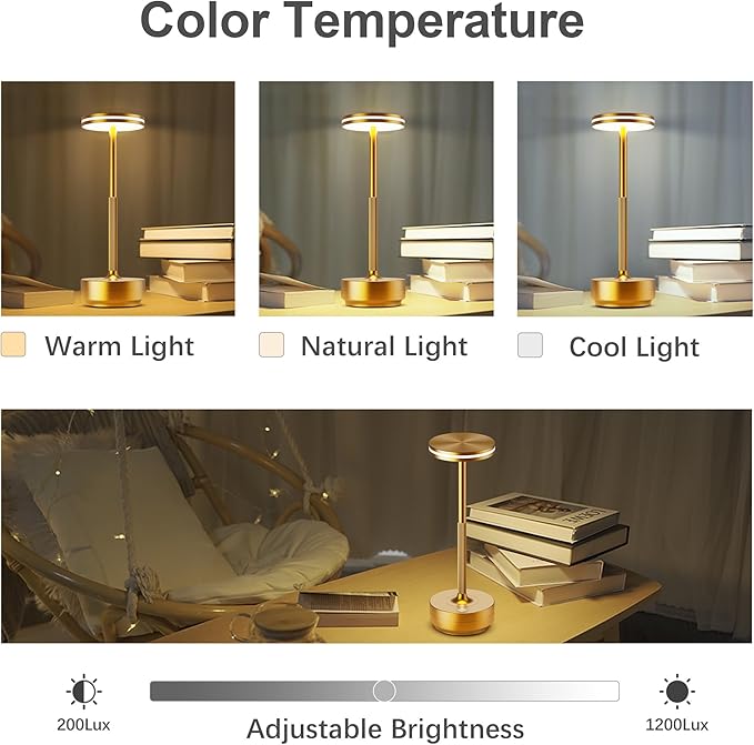 Hapfish Rechargeable Cordless Table Lamps, 5000mAh Battery Operated Lamp, 3 Color Modes, Dimmable, LED Table Lamps for Living Room,Outdoor, Dinner,Patio,Restaurant– Gold
