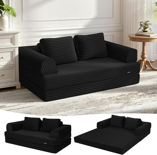 COMAX Convertible Sofa Bed, Folding Floor Couch Corduroy Fold Out Couch Bed Futon Sleeper Mattress with Pillows, Boneless Sofa Comfy Lounge Loveseat for Living Room Bedroom, Plush Black