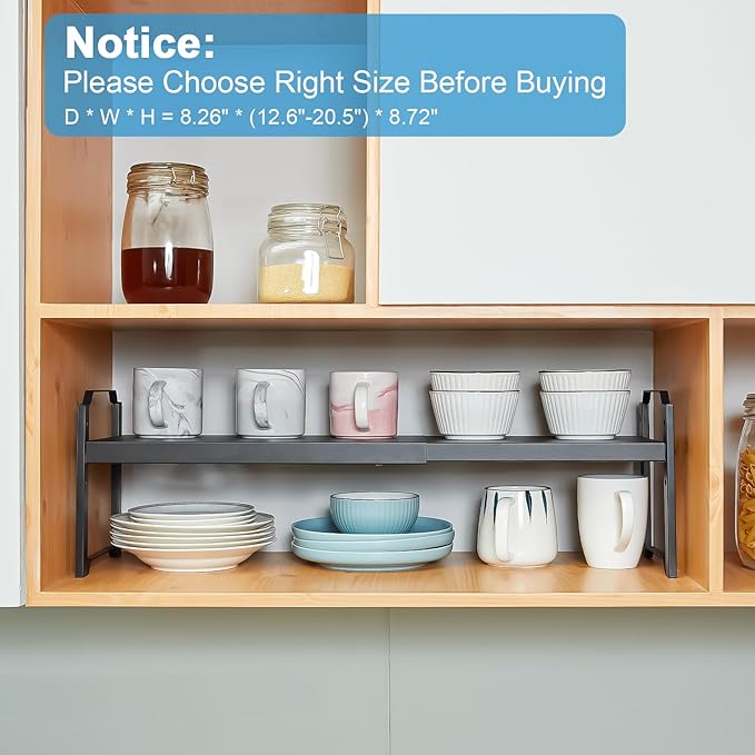 4 Pack Kitchen Cabinet Shelves Organizers, Kitchen Counter Storage Shelf Spice Rack, Expandable Length, Adjustable Height, Stackable, Sturdy 30LBS Bearing, Small Cupboard Tabletop Organizer Shelf Rack