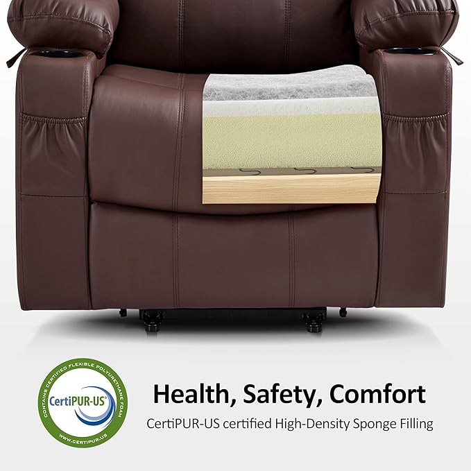 MCombo Electric Power Lift Recliner Chair Sofa with Massage and Heat for Elderly, 3 Positions, 2 Side Pockets, and Cup Holders, USB Ports, Faux Leather 7040 (Light Brown, Medium)