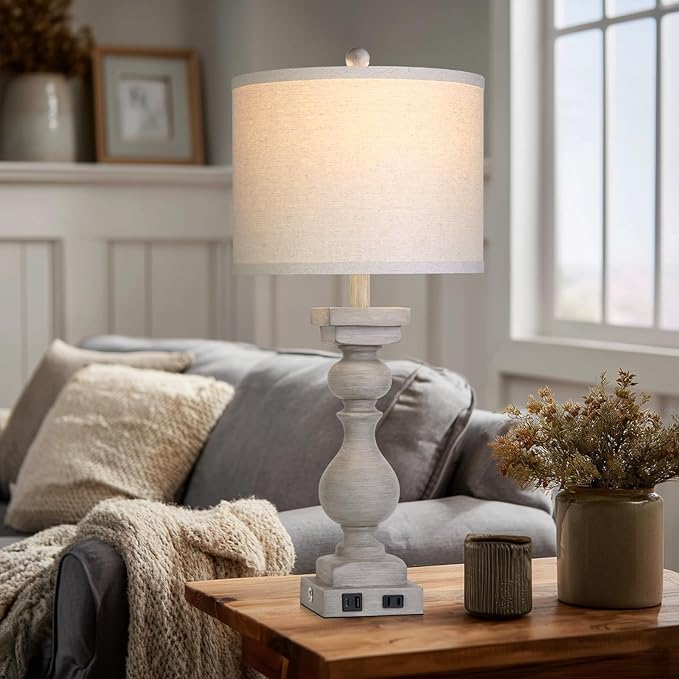 28" Tall Farmhouse Table Lamps Set of 2 with USB C+A Ports and AC Outlet, 3 Way Touch Tall Rustic Bedside Lamps for Living Room, Grey Vintage Lamps for Bedroom