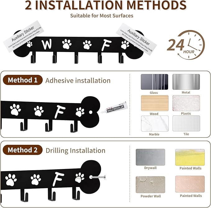 Dog Leash Holder for Wall Key Hooks Decorative, 5 Hooks 11×2.75 inch for Wall Decorative Animal Storage Rack Adhesive, Black Key Holder wall Mount for Entrance Living Room Kitchen-Dog Lovers Gifts