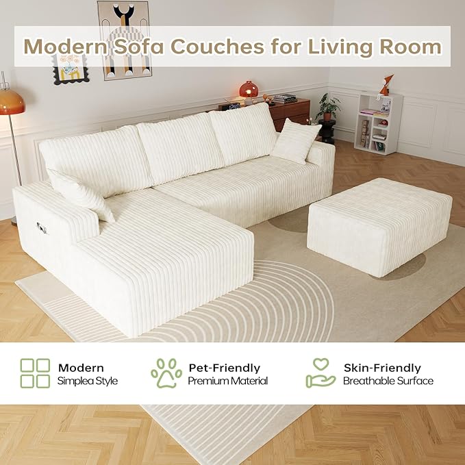 108" U Shaped Sectional Couch with Ottoman, Corduroy Modular Sectional Sofa with Deep Seat, Modern Modular L-Shape Sofa Couch with Chaise,Upholstered Boneless Couches for Living Room Bedroom