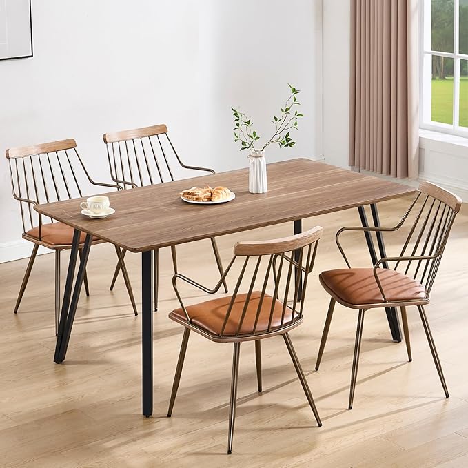 Modern Dining Chairs Set of 4, PU Upholstered Dining Chairs with Metal Legs, Wood Kitchen Chairs with Fence-Like Back and Curved Arm for Dining Room Kitchen Restaurant Reception (Brown)