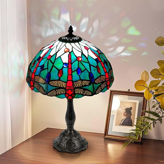 Majestic 12 Inch Dragonfly Tiffany Style Table Lamp,Handcrafted Stained Glass Lamps for Living Room, Dining Room Decor,Large Artisan Tiffany Lamps with LED Bulb.