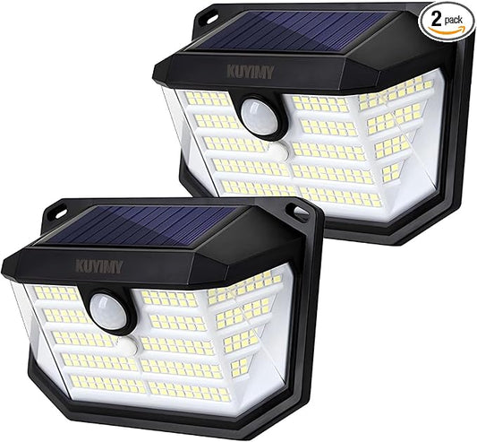 Solar Outdoor Lights, 230 LED with Motion Sensor and 3 Modes, IP65 Waterproof, 270° Wide Angle Light, Easy-to-Install Intelligent Security Wireless Wall Lights for Patio, Garden, Fence(2 Pack)