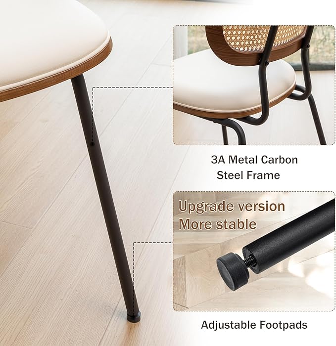 Rattan Dining Chairs Set of 2, Mid Century Modern Dining Chairs with Cane Back for Kitchen Dining Room, 19 Inch Faux Leather Beige