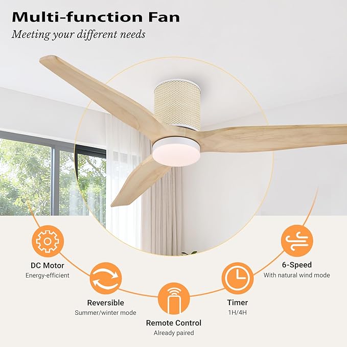 52" Ceiling Fan with Light - Low Profile Flush Mount Ceiling Fan, 6-Speed Remote Control, Solid Wood, Quiet Reversible DC Motor, Boho Style, for Bedroom, Living Room, Porch, Light Oak/White