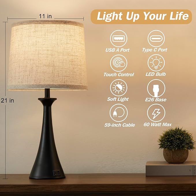 Touch Table Lamp for Living Room Bedroom, 21" Table Lamps Set of 2 with USB C+A Ports, Touch Bedside Lamps for Nightstand with 3 Way Dimmable, 2 LED Bulbs Included, Black