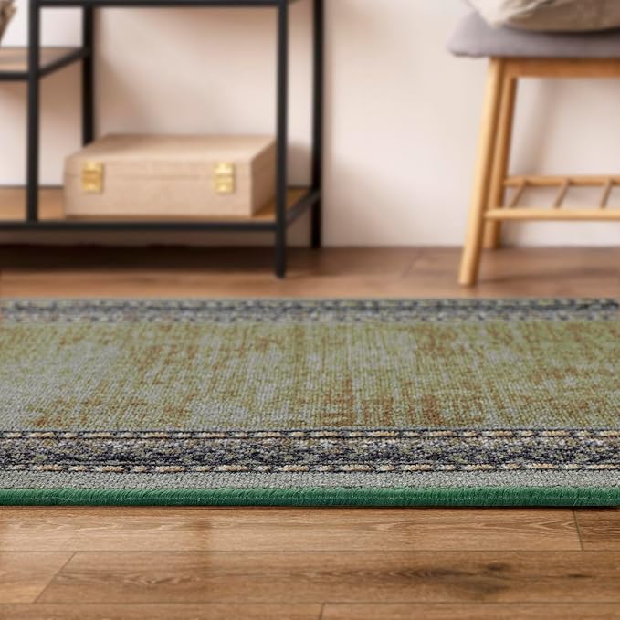 Antep Rugs Alfombras Bordered Modern 2x5 Non-Slip (Non-Skid) Low Pile Rubber Backing Kitchen Area Runner Rug (Green, 2' x 5')
