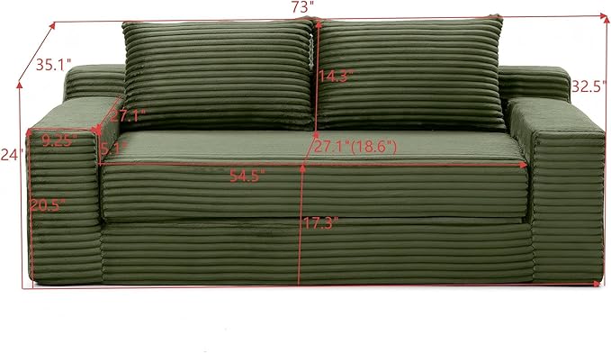 73" Cloud Loveseat Sofa Couch in a Box, 2 Seater Boneless Couch, Convertible Pull Out Sofa Bed with Pillows, No Assembly, Memory Foam, Modern Small Couches for Small Spaces (A-Green)