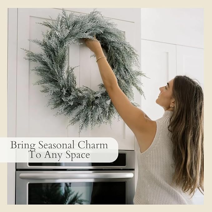 CG Hunter Holiday Collection Flocked Cedar Wreath, Premium Artificial Indoor and Outdoor Large 30" Flocked Cedar Christmas Wreath, Christmas Decorations and Holiday Greenery