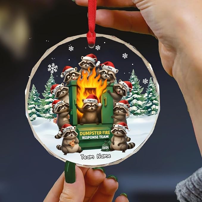 NAZENTI Personalized Funny Raccoon Chaos Response Ornament, Custom Flaming Bin Holiday Decoration, Coworker Christmas Glass Hanging Gift