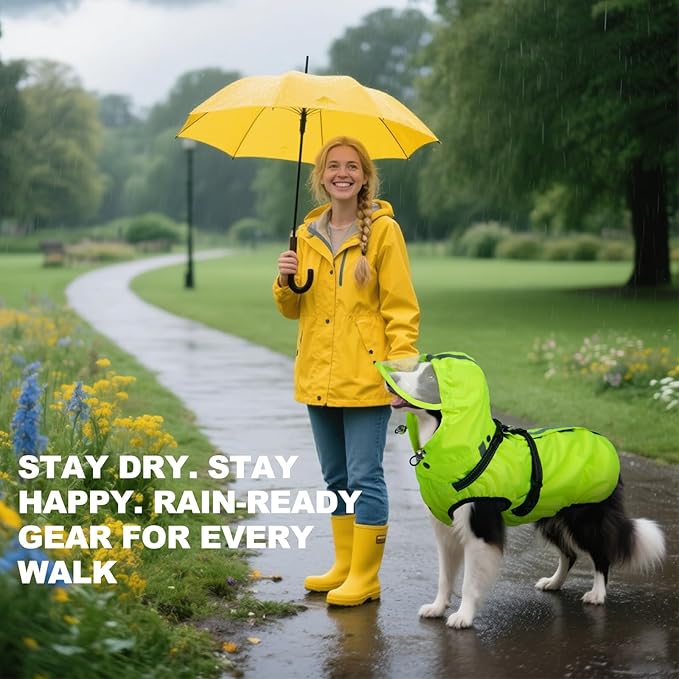 Dog Raincoats for Large Dogs with Hood, Waterproof Dog Rain Coat with Adjustable Built-in Harness & Back Zipper, Reflective Strip, for Rainy Walks, Muddy Roads - Fluorescent Green L
