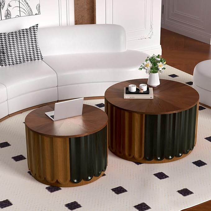 Modern Round Storage Side Tables Set, Dark Walnut and Black Finish, Fluted Wood Design, Hidden Storage, Nesting Coffee Tables for Living Room