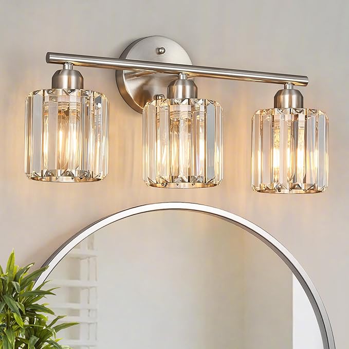 Modern 3 Light Crystal Vanity Light, Brushed Nickel Vertical Bathroom Light Fixture Over Mirror for Dressing Table Sink, Compatible with Dimmable Bulbs (Bulbs Not Included)