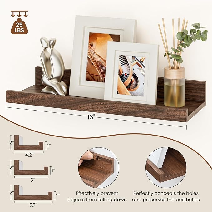 Heimlove Floating Shelves Set of 6, 16" Wall Mounted Picture Ledge, Display Shelf Organizer for Decor Storage, Wall Mounted Shelves for Living Room, Bedroom, Bathroom, Kitchen (Walnut)