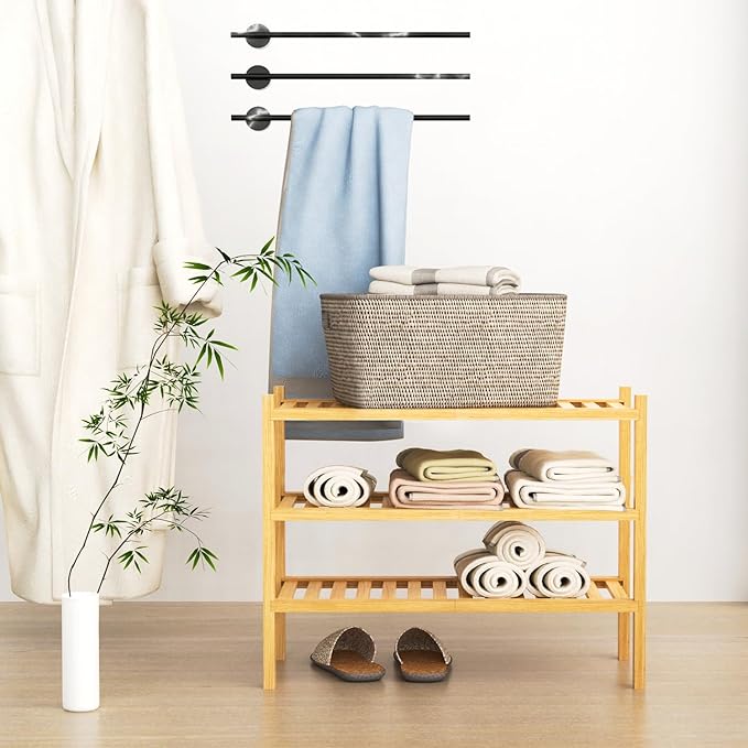 Shoe Rack 3-Tier Organizer-Stackable Storage Shelf with Multi-Function Combinations-Free Standing Bamboo Shoe Racks for Closet,Entryway,Hallway,Bathroom,Living Room Shoe Organization (Natural,3-Tier)