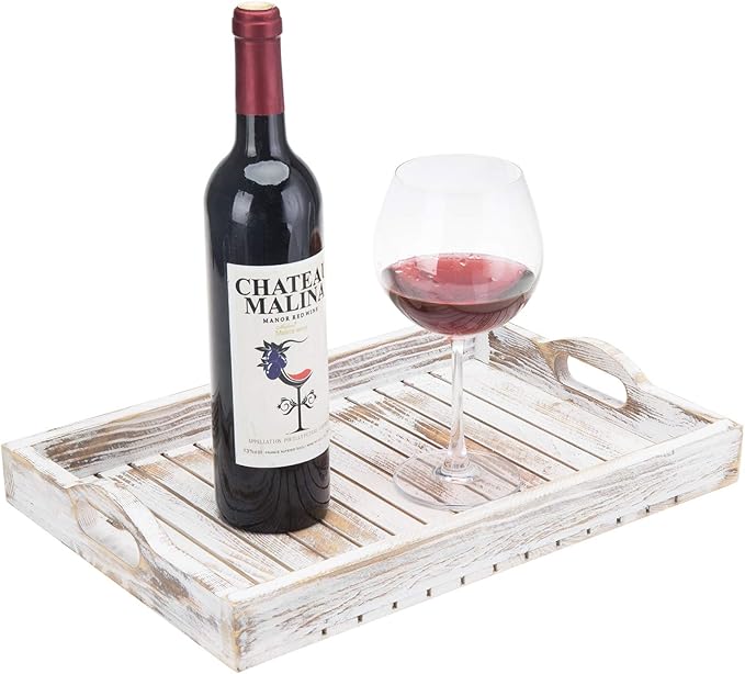 MyGift Shabby Chic Whitewashed Wood Breakfast Serving Tray with Cutout Handles with Slatted Design, Breakfast Ottoman Coffee Table Tray, 16 x 11 Inches