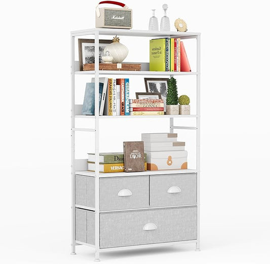 6 Tier Bookshelf, Bookcase with 3 Storage Drawers, Wood and Metal Book Shelf Storage Organizer, Industrial Display Standing Shelf Unit for Bedroom, Living Room, Rustic Brown, White