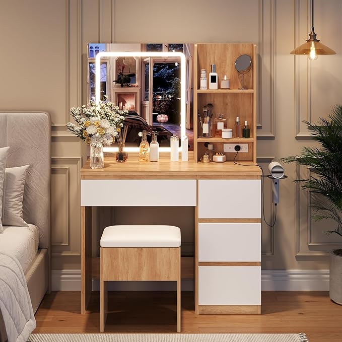 GarveeHome Vanity Desk with Mirror and Lights - Modern Makeup Dressing Table with Outlets, Storage Stool, 4 Drawers & Hair Dryer Holder - 3 Colors LED Vanity Mirror, Vanities for Bedroom, Natural