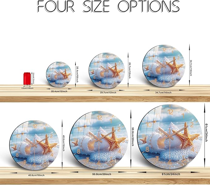 Beach Wall Clock Battery Operated 10 Inch Coastal Wooden Wall-Clock Non Ticking Analog Blue Wall Clocks for Bedroom, Office Decor