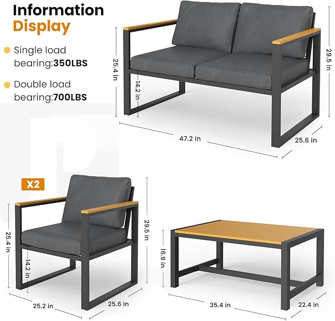 Pamapic 4 Pieces Outdoor Patio Furniture Set, Modern Metal Balcony Furniture with Plastic-Wood Coffee Table, All-Weather Patio Conversation Set with Thick Cushion for Balcony, Porch, Gray