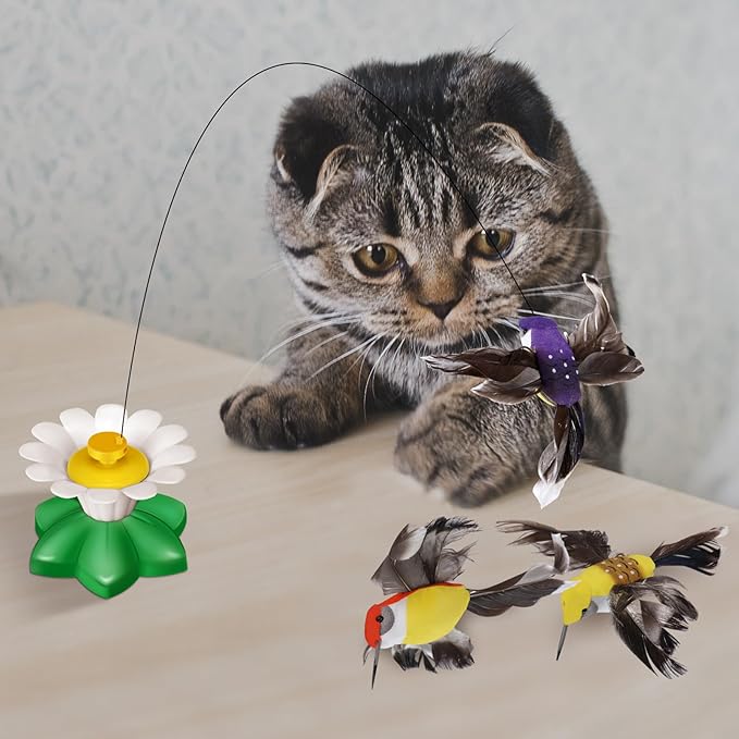 Vinsot 3 Pcs Electric Teasing Cat Toy Flying Interactive Cat Toy Automatic 360° Rotating Kitten Play Chase Supplies with 6 Pcs Replacement Head with Wire(Hummingbird)