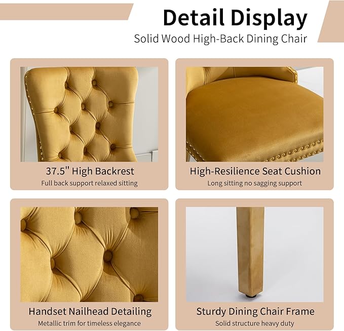 Luxury Upholstered Dining Chairs Set of 4, Yellow Kitchen Chair with Golden Metal Legs, Velvet Tufted Back Dining Chair, Sillas de Comedor, Modern Kitchen & Dining Room Chairs (Gold, 4 Pcs)