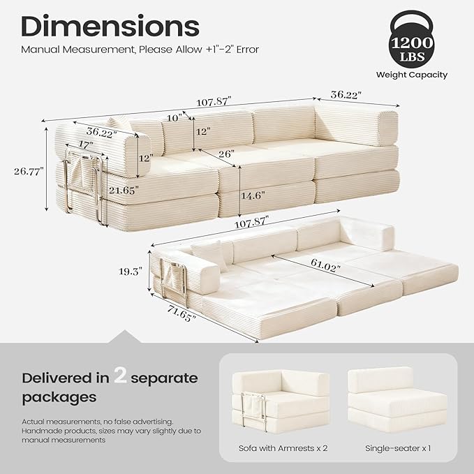 Folding Sofa Bed Convertable Corduroy Couch King Size Floor Sleeper 4-in-1 DIY Combination Modular Sofa Fold Out Futon Lounge Comfy Foldable Lazy cama for Living Room (Off-White)