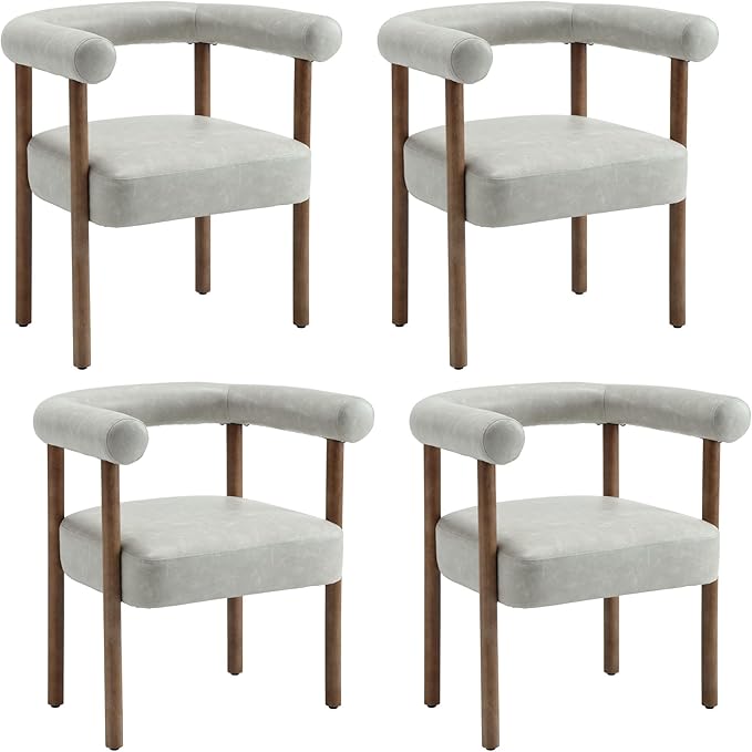 Mid-Century Modern Dining Chairs Set of 4, Armrest Barrel Dining Chairs Side Accent Chairs with Curved Back, Upholstered Wood Armchairs for Kitchen, PU Leather Grey