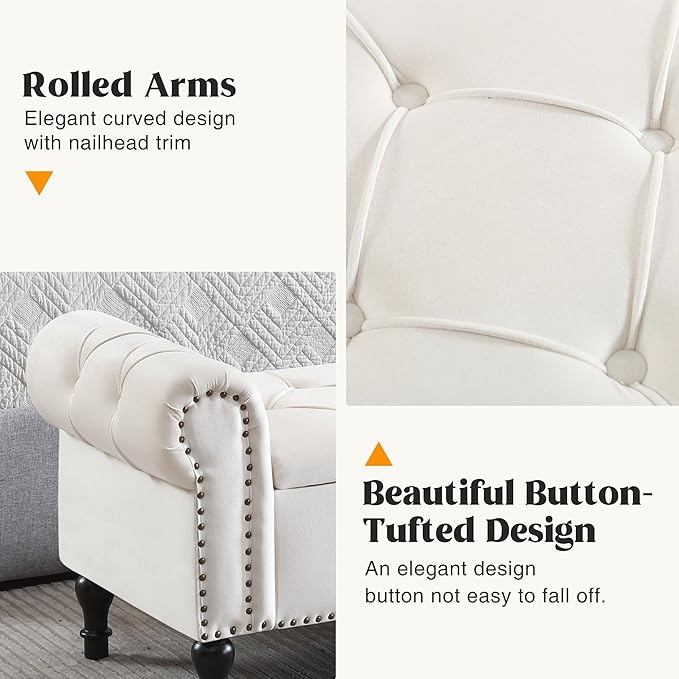 Velvet Storage Bench 67 Inch Upholstered Tufted Ottoman Bench with Arms Large Storage Space King Size End of Bed Benches for Bedroom Living Room Entryway Beige