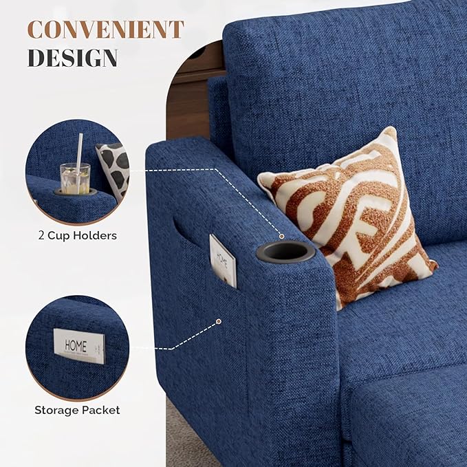 Upholstered Sectional Sofa and Couches, 78'' L Shaped 3-seat Sofa forLiving Room, Apartment, Lounge,Bedroom-Washable Covers Convertible Sofas(Linen Fabric,Blue)