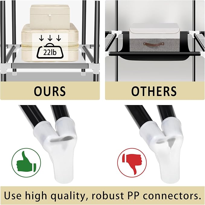 LOKEME Wardrobe Closet,Portable Closet for Bedroom Steel Pipe Diameter 19mm Strong and Sturdy Black Portable Closets for Hanging Clothes with 3 Hanging rods, 6 Storage Shelves and Side Pockets