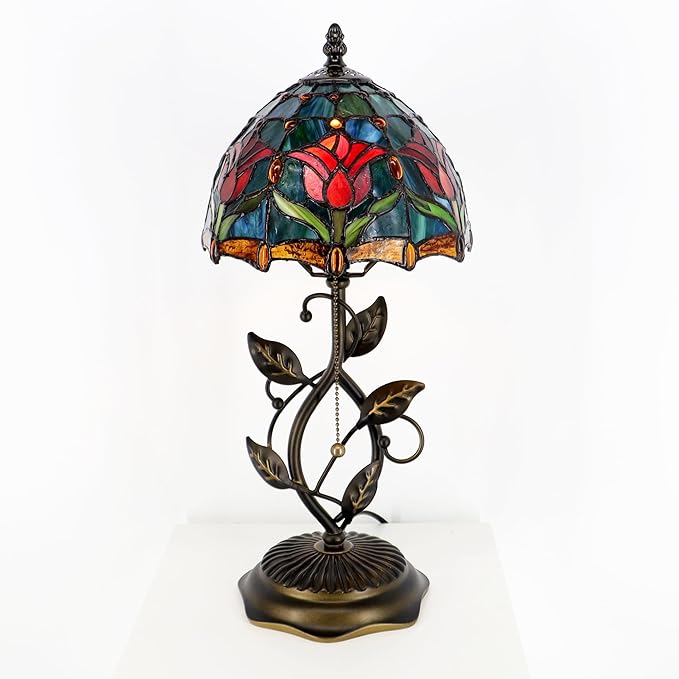 Small Tiffany Lamp Red Blue Tulips Style Stained Glass Table Lamps Desk Bedside Reading Light 8X8X18 Inches with Bronze Metal Leaf Resin Base