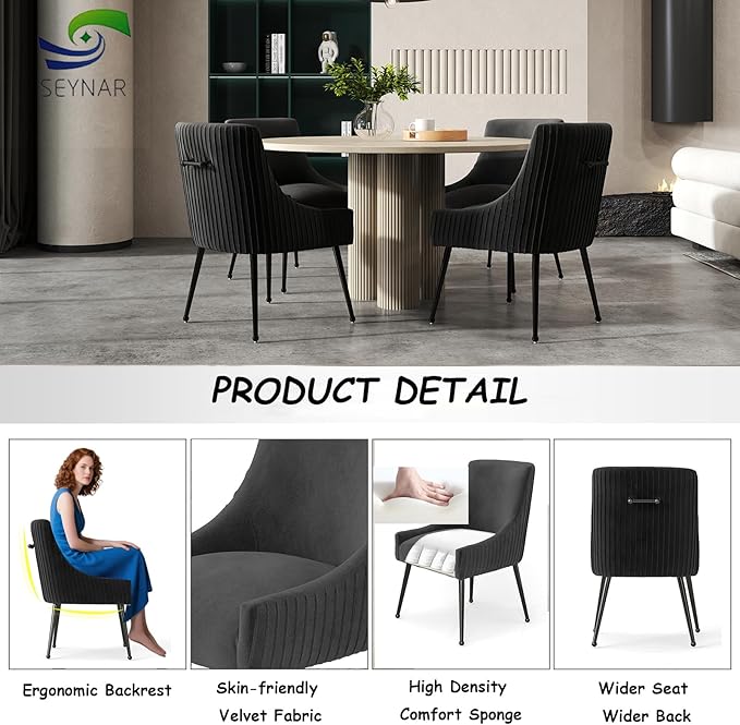 Velvet Dining Chairs Set of 6,Black Upholstered Living Room Chairs with Black Metal Legs, Modern Tufted Accent Chairs for Living Room, Study Room, Kitchen