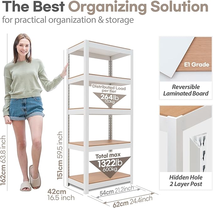 HOMEDANT House 24.4" W 5 Tier Heavy Duty Garage Shelving Adjustable Metal Rack Storage Shelves Standing Shelf Unit Organizers Pantry Closet Office White 4Pack