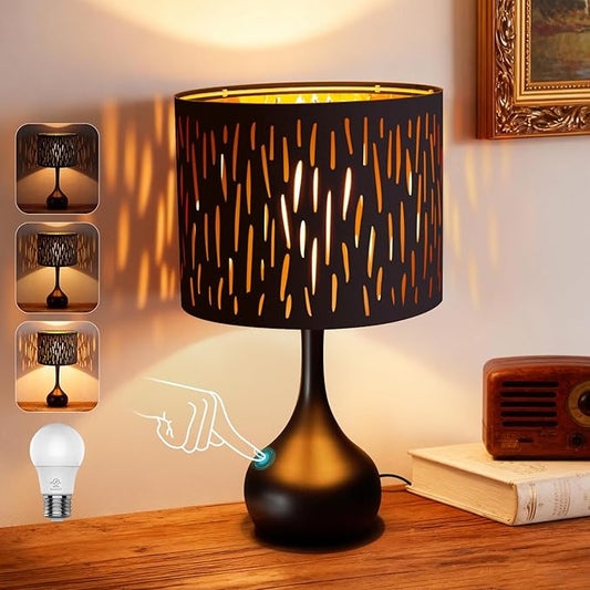 ONEWISH Touch Bedside Lamp for Bedroom, 3-Way Dimmable Table Lamps for Nightstand, Black Cutout Shade with Gold Lining Desk Lamp for Living Room, End Tables, LED Bulb Included