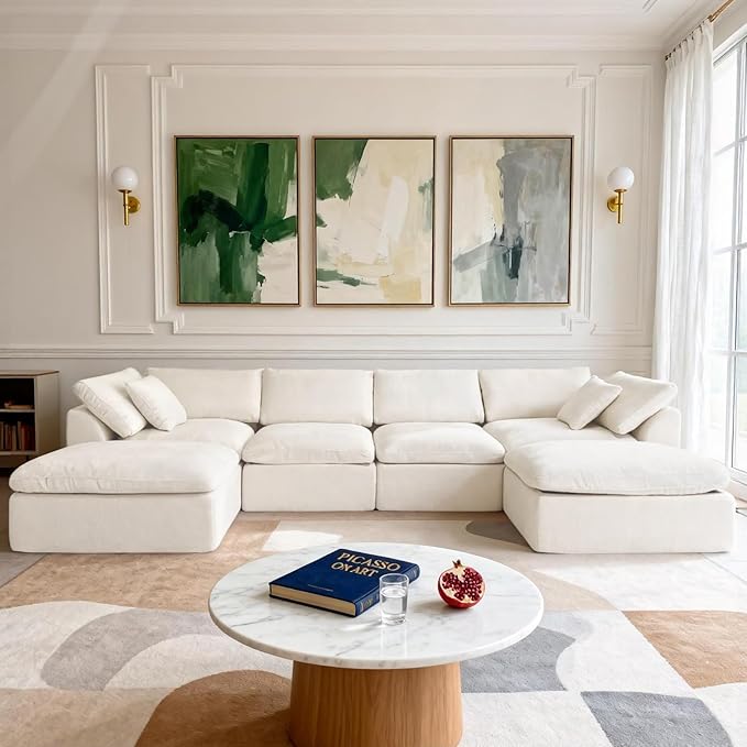 Cloud Modular Sectional Sofa Couch,141” U-Shape Sofa with Wide Armrest, Modern High-Density Sponge Compressed Couch for Living Room, Bedroom,No Assembly Needed (White, 4 Seats+ 2 Ottoman)