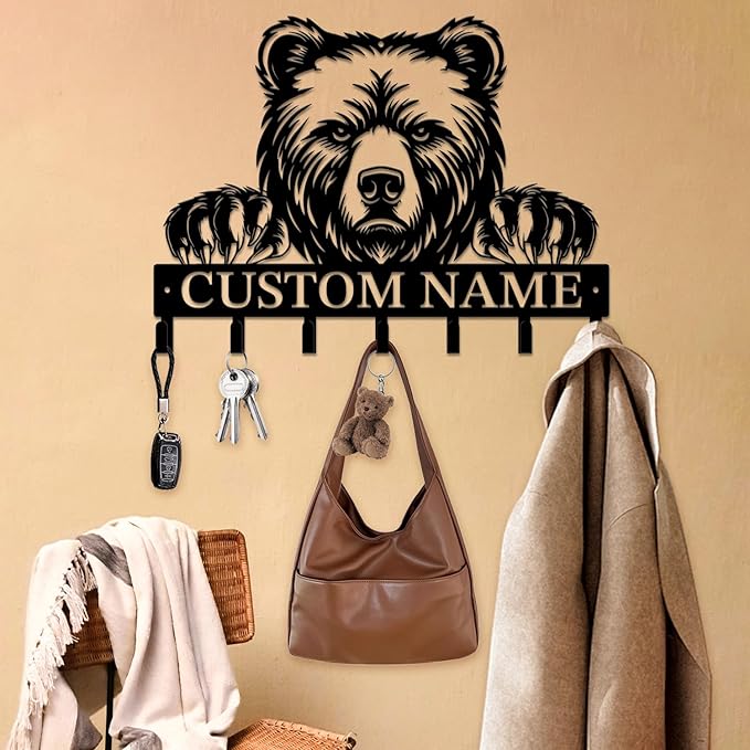 Personalized Custom Name Bear Key Wall Hooks,Metal Bear Keys Clothes Hooks,Metal Bear Wall Home Storage Decorative,For Front Door, Hallway, Kitchen, Bedroom,Keys,Hats (Style B)