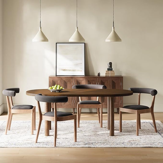 Kmax Mid-Century Modern Dining Chairs Set of 4, Upholstered Fabric Kitchen Chairs with Natural Walnut Frame & Linen Curved Back, Charcoal Black