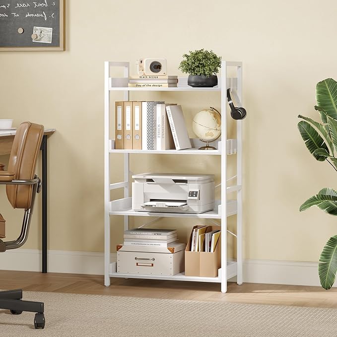 Rolanstar Bookshelf 4 Tier with 4 Hooks, Industrial Wood Bookcase, Vintage Storage Rack with Open Shelves, Rustic Standing Bookshelves Metal Frame Display Rack for Living Room, Bedroom, White