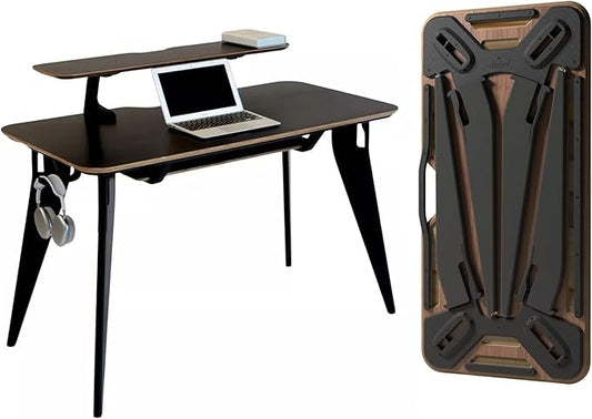 HOEK Desk Bundle, Modern Home Office Desk with 47.5" x 23", Integrated Monitor Shelf, Storage Shelf, Wall Cleat and Hook, Space-Saving, Portable Collapsible Table for Work and Study (Black/Black)
