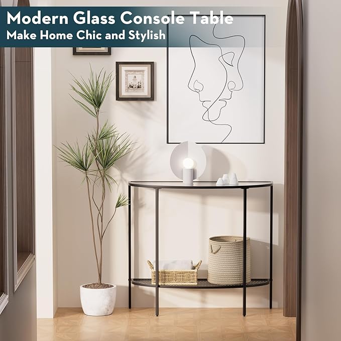 SAYGOER Glass Half Moon Console Table 2 Tier Narrow Entryway Table with Black Metal Frames, Modern Couch Table Small Entry Way Tables, Easy Assembly, Clear Glass