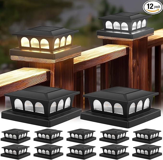 12 Pack Solar Post Cap Lights, Warm White & Cool White Auto On/Off, Waterproof Fence Post Solar Lights for 4x4 5x5 6x6 Wood/Vinyl Posts, Fence, Deck, Patio, Garden Decor (Black)