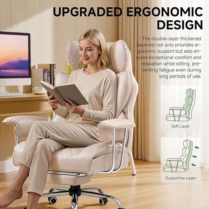 COMHOMA Big and Tall Office Chair, High Back Leather Gaming Chair with Footrest, Executive Ergonomic Office Chairs with Pocket Spring Lumbar Support and with Outward Fixed Soft Armrests